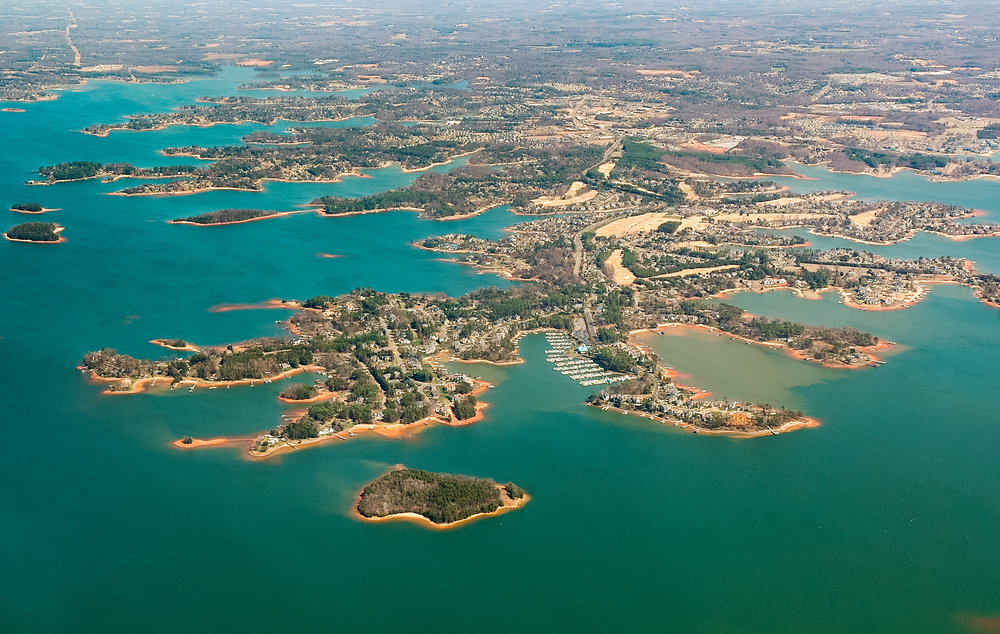 An aerial view of Lake Norman State Park, one of the best lakes near Charlotte, North Carolina.