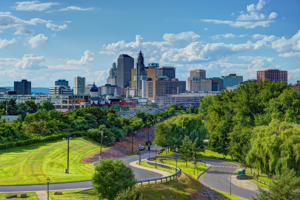 Skyline of downtown Hartford, Connecticut from above Charter Oak Landing.