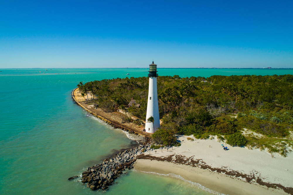 Aerial image of the Cape Florida lighthouse Miami Florida USA Aerial image of the Cape Florida lighthouse Miami Florida USA