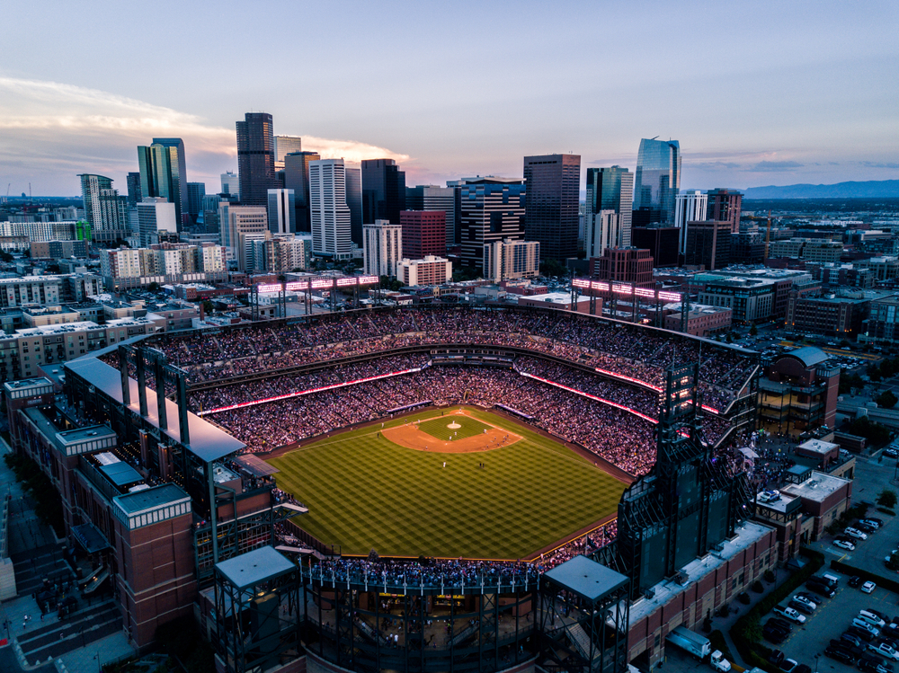 Skyline of Denver Colorado and Coors Field at sunset