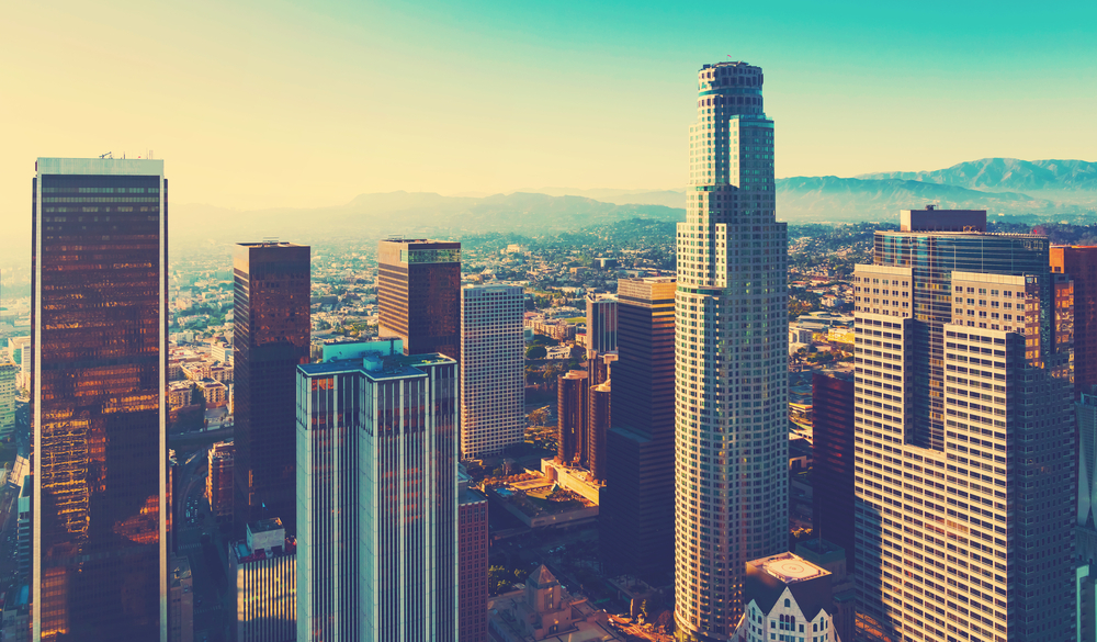 Aerial view of a Downtown Los Angeles at sunset