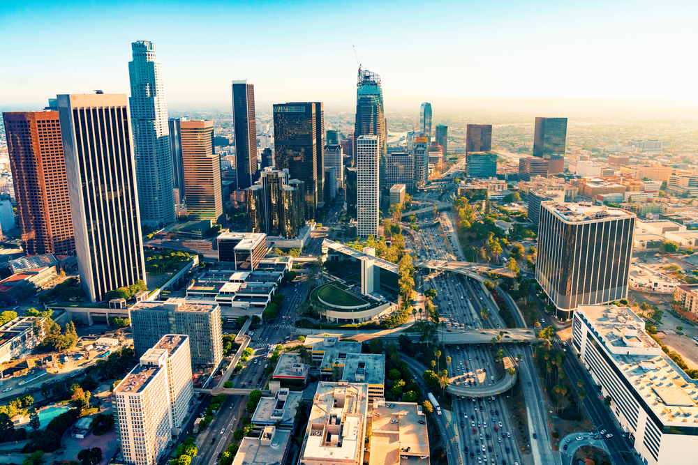 Aerial view of a Downtown Los Angeles at sunset Aerial view of a Downtown Los Angeles at sunset