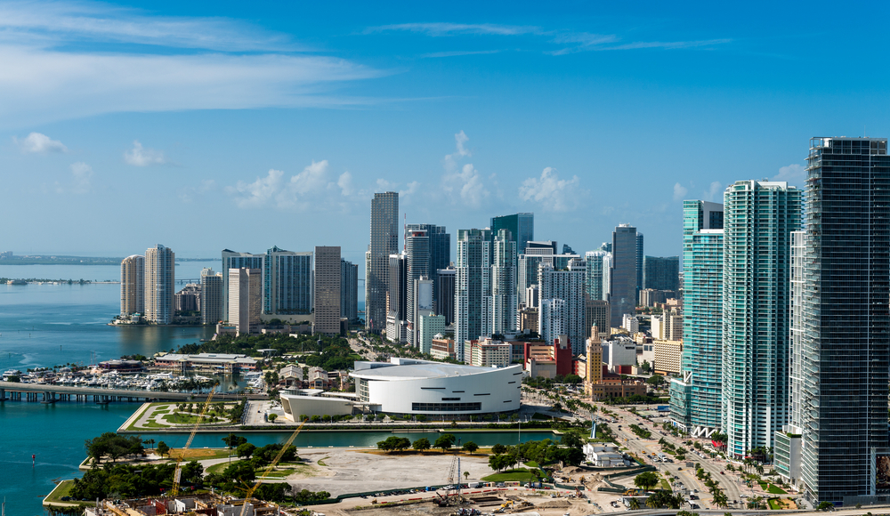 Aerial view of downtown Miami. All logos and advertising removed.