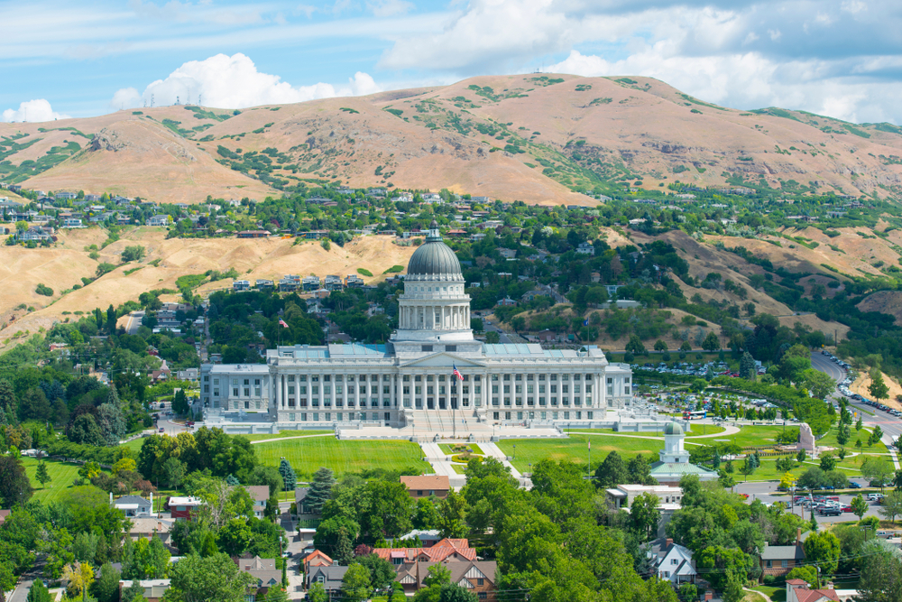 Aerial view of Utah State Capitol from the top of LDS Church Office Building in Salt Lake City, Utah, USA.
