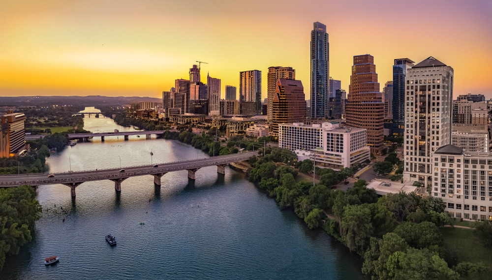 Austin, Texas, is known for its "violet crown" sunsets.