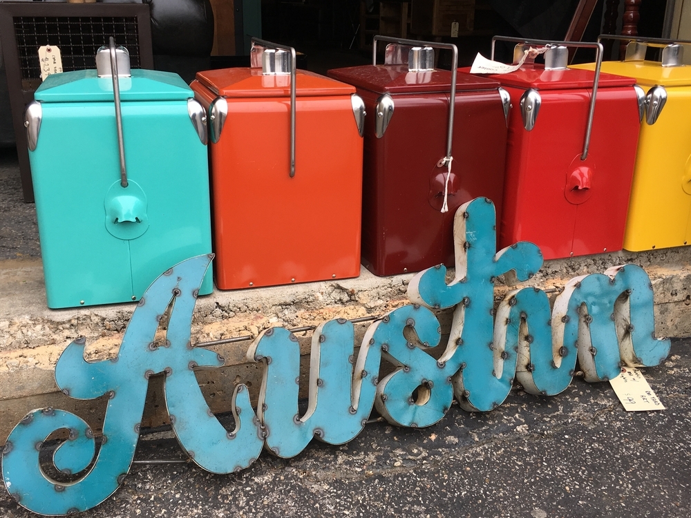 Austin , Texas Metal word letters with Colorful Metal Retro Coolers on a nice day in the wonderful city of Austin , TEXAS