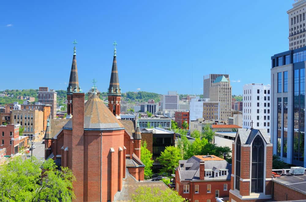 Cathedral of St. Paul amongst the skyline of downtown Birmingham, Alabama, USA.