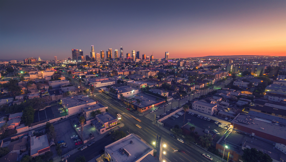 City of Los Angeles cityscape skyline scenic aerial view at sunset.