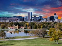 Denver skyline at sunset from City Park