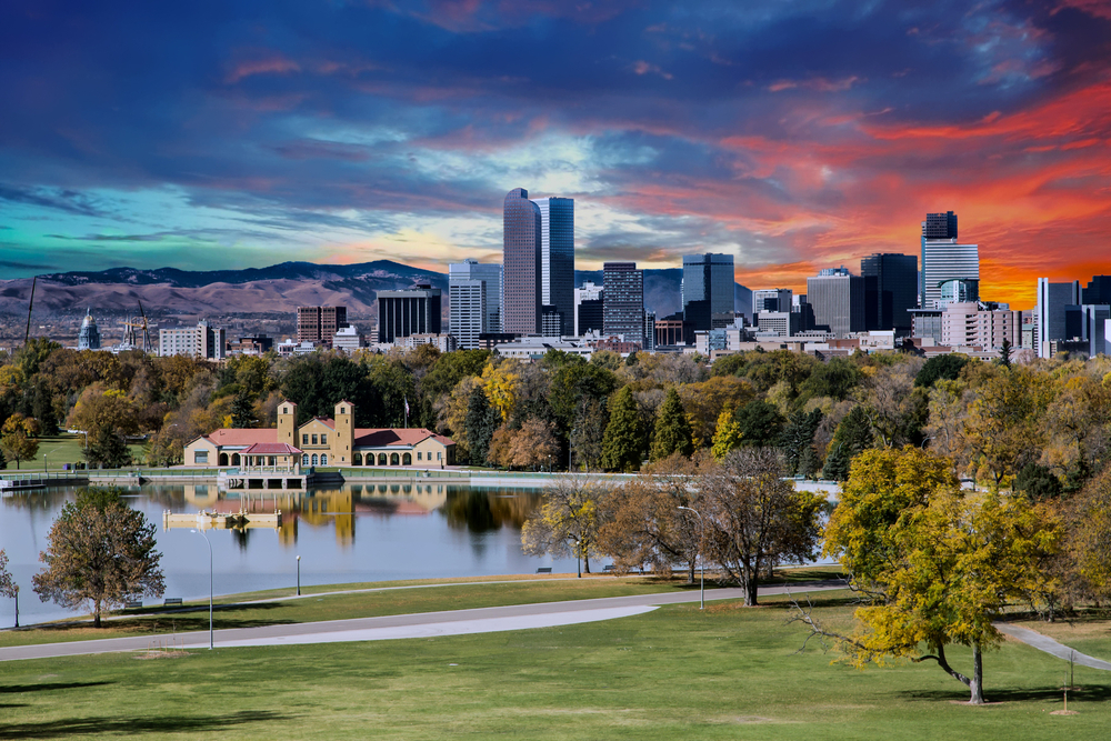 Denver skyline at sunset from City Park