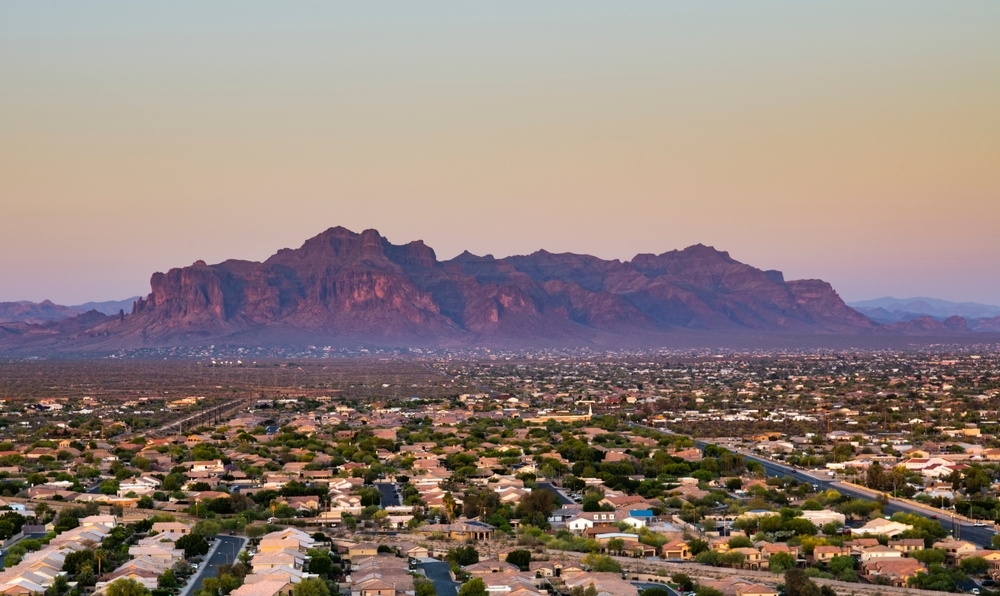 Landscape photograph taken at sunset from Brown Mountain looking at the Superstition Mountains in Mesa, Arizona. Landscape photograph taken at sunset from Brown Mountain looking at the Superstition Mountains in Mesa, Arizona.