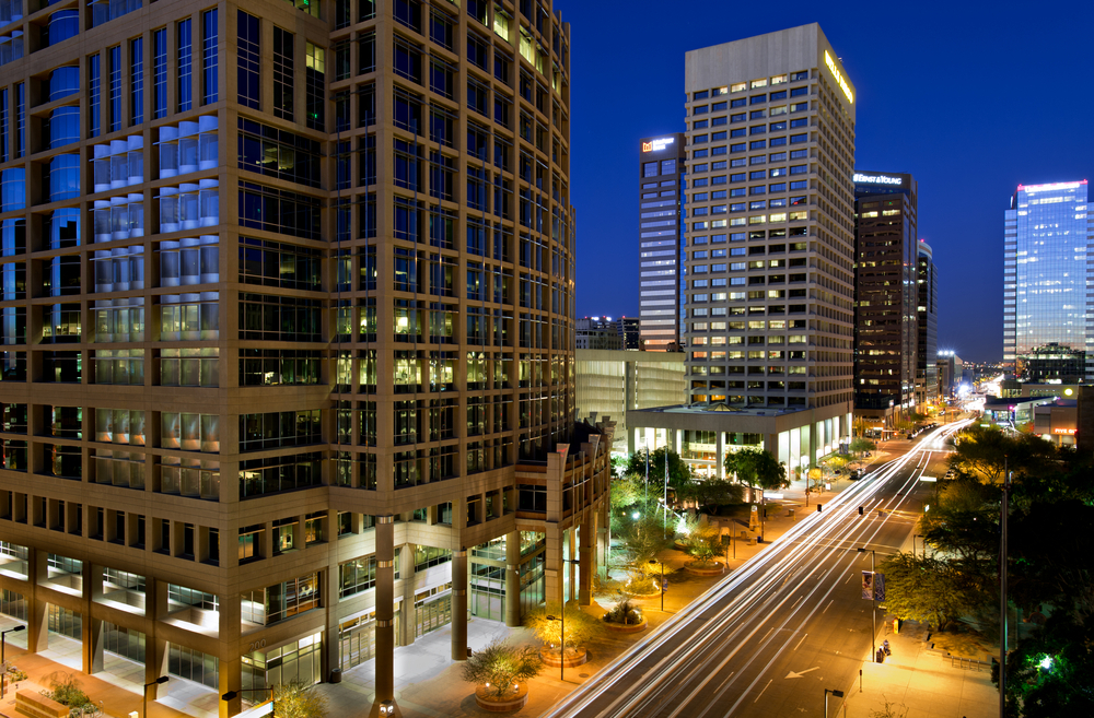 Long exposure photo of the a city street in downtown Phoenix, Arizona at night. Long exposure photo of the a city street in downtown Phoenix, Arizona at night.