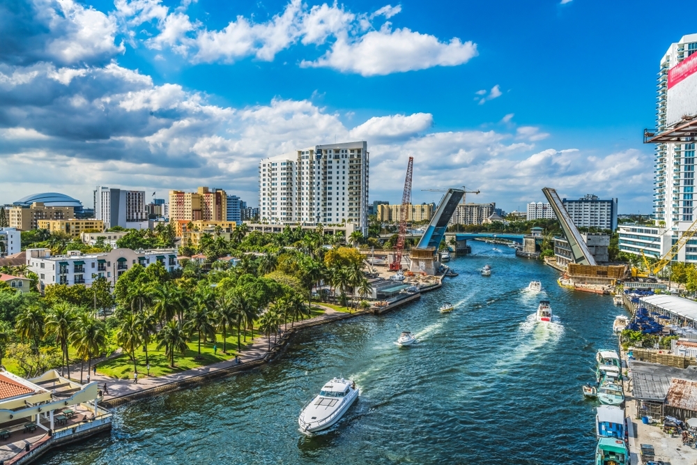 Miami River Water Open Brickell Avenue Bridge Buildings Downtown Riverwalk Yachts Restaurants Miami Florida