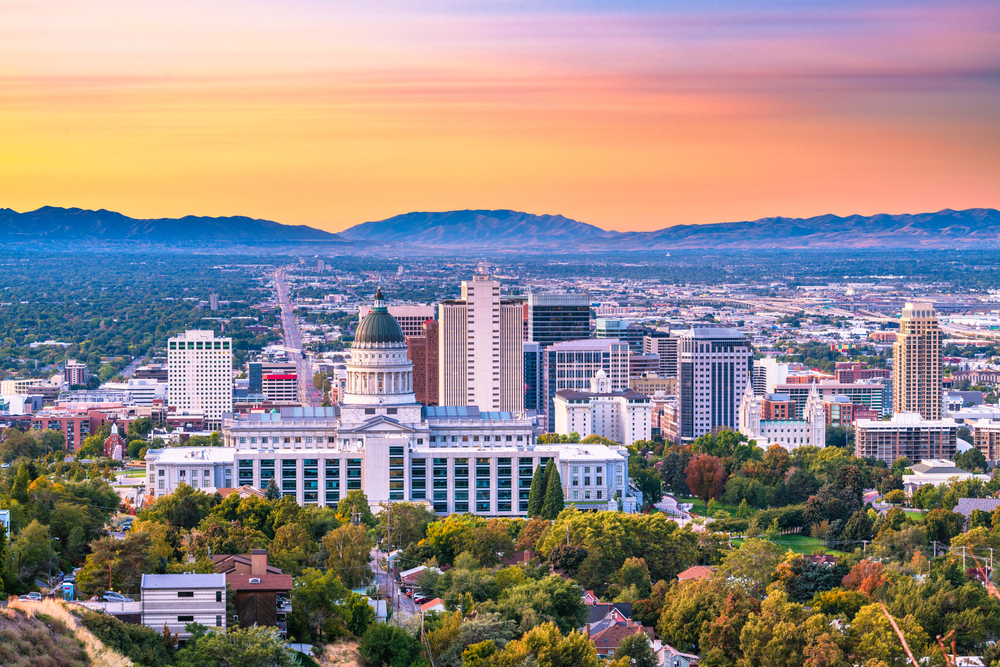 The view of Salt Lake City at sunset.