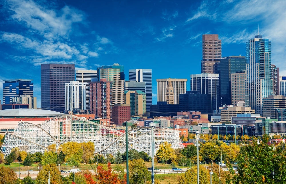 City skyline on a sunny day in Downtown Denver, Colorado