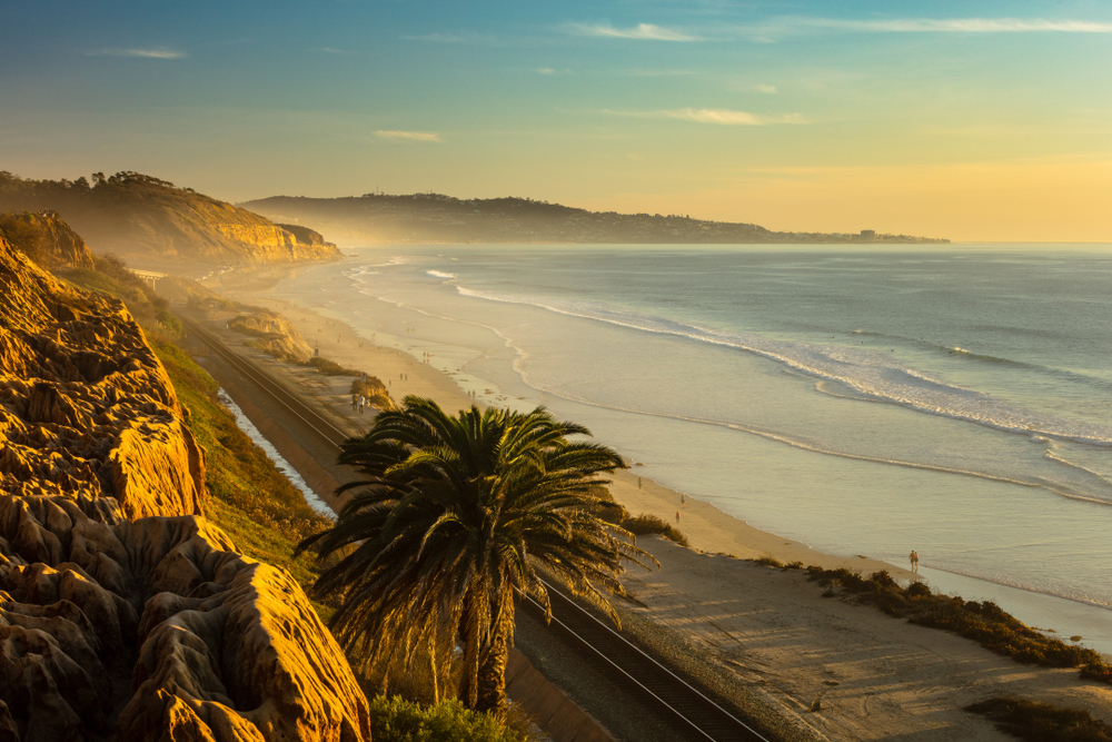 Sunset and marine layer at the Terry Pine beach, San Diego California, facing La Jolla city 
