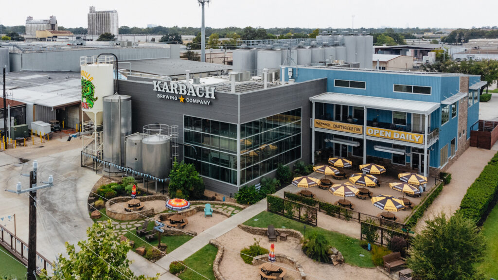 Drone shot of Karbach Brewing Co., one of the best breweries in Houston, Texas.