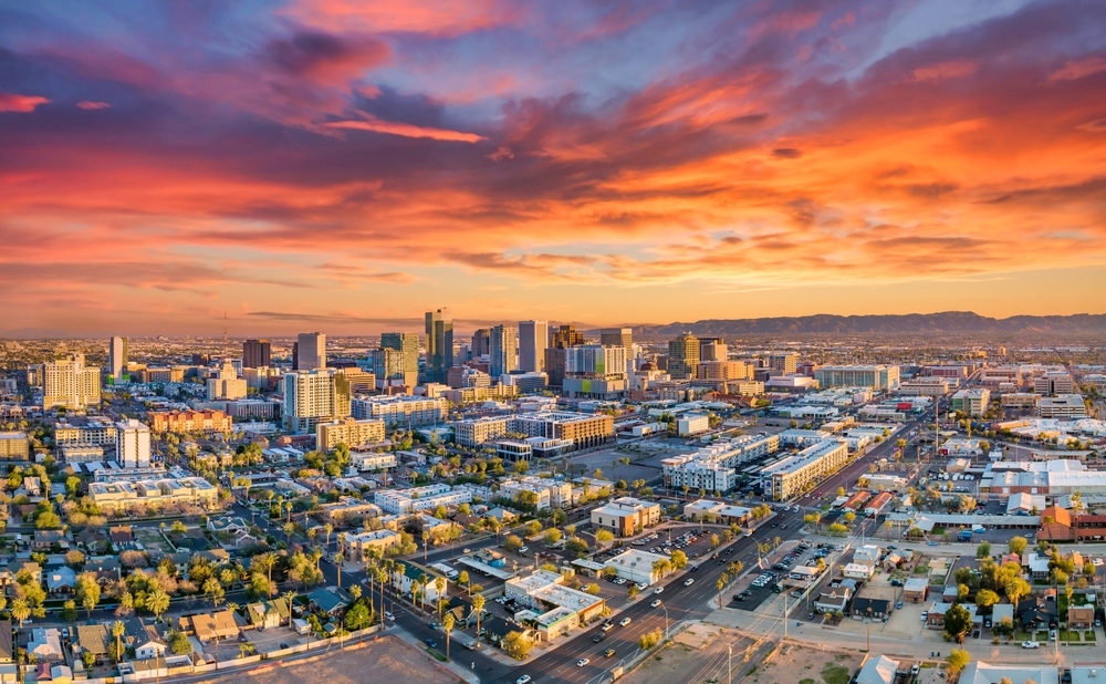 An aerial view of the many beautiful neighborhoods in Phoenix at sunset.