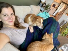 "Digital slowmad" Jess enjoys a night in with her dog and cat in her Landing apartment.