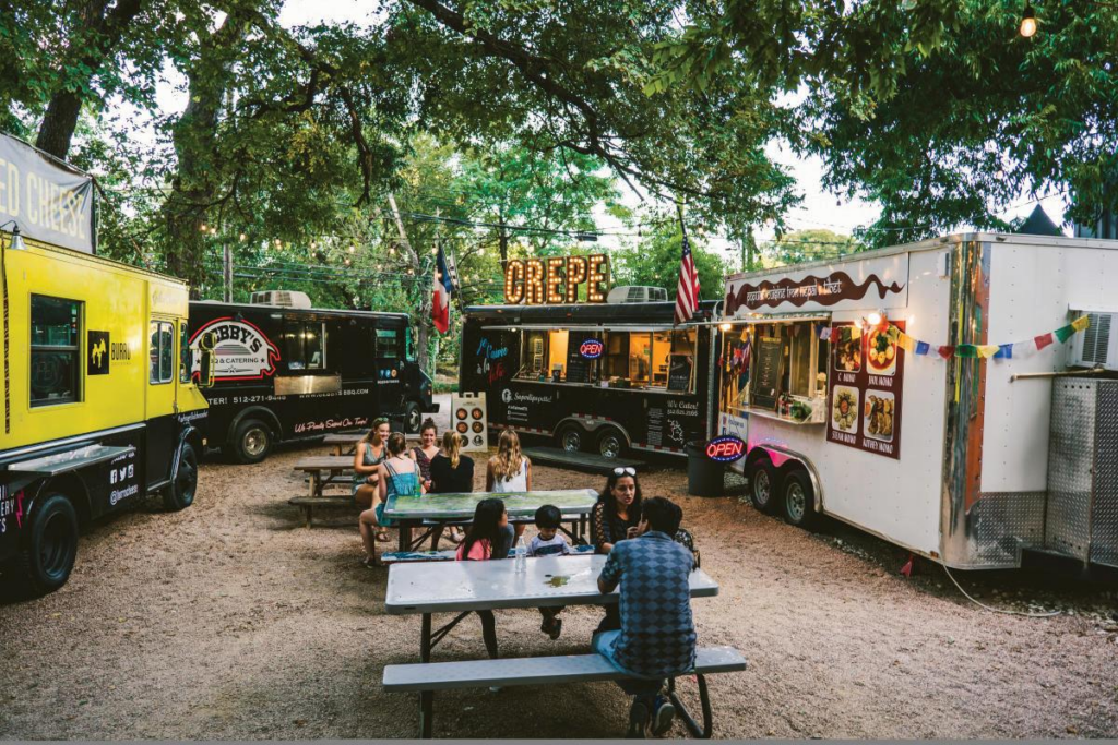 People enjoying lunch at Thicket Food Truck Park, Austin, Texas