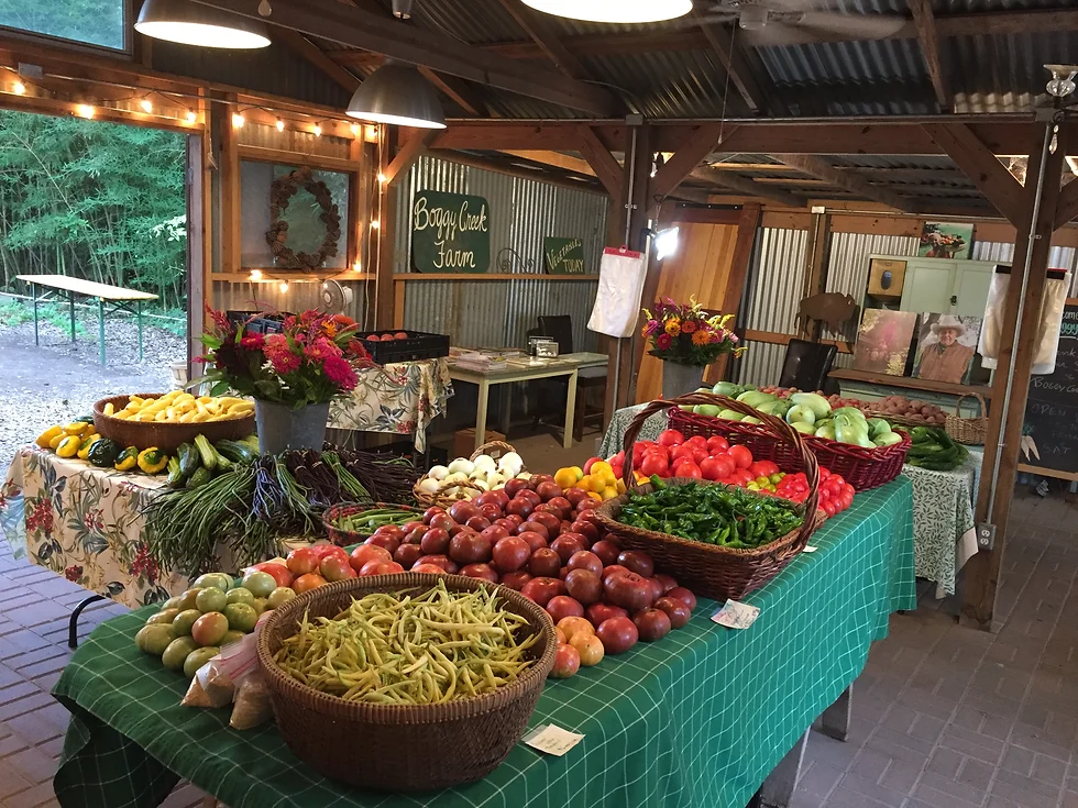 Tables with fruits and vegetables at Boggy Creek Farm Market