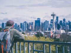 Man outdoors in Seattle overlooking Space Needle