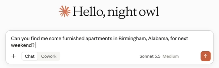 Prompt in Claude asking for furnished apartments in Birmingham, Alabama, for next weekend