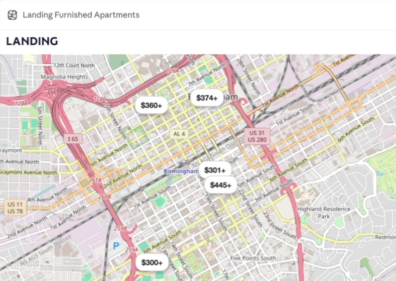 Map of Landing apartments in Birmingham with starting prices