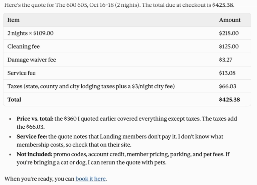 Quote breakdown for a Landing apartment in Claude