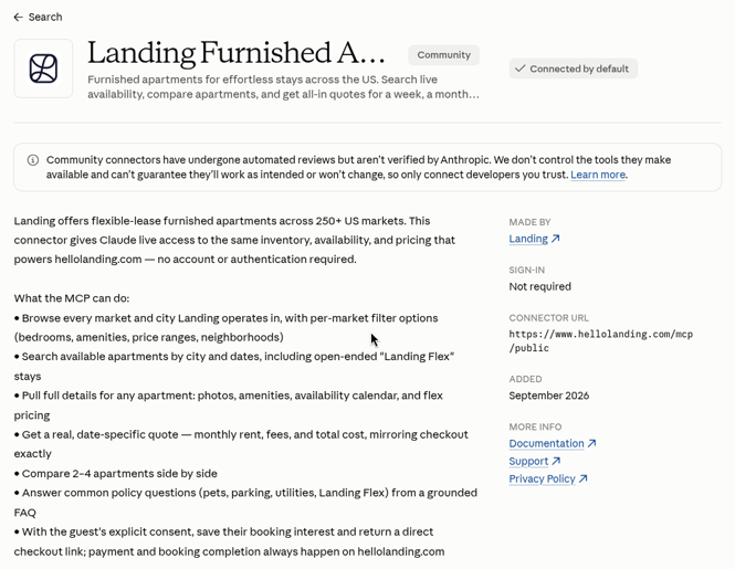 Landing Furnished Apartments listing in Claude’s connector directory